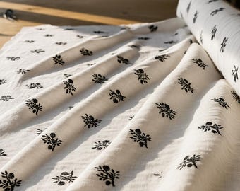 White 100% Linen Fabric with Black Embroidery | 150cm Wide | Elegant Floral Stitch Linen for Dresses, Shirts & Home Decor