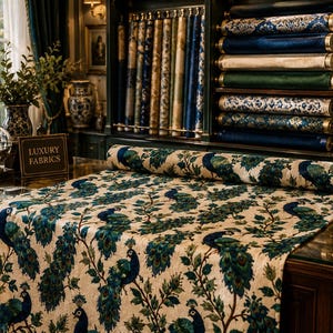 May include: A roll of fabric with a peacock feather design in teal and green on a cream background. The sign in the image reads "LUXURY FABRICS". Other fabrics are visible in the background.