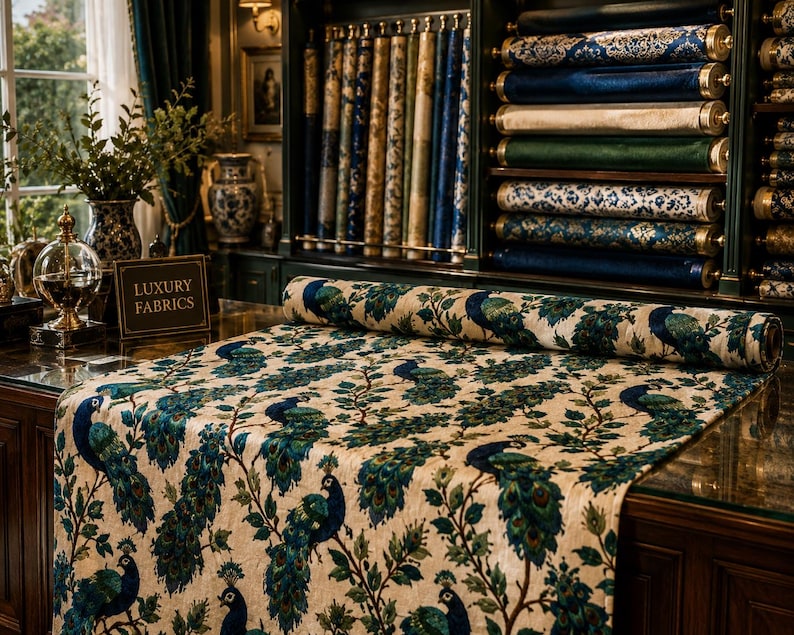 May include: A roll of fabric with a peacock feather design in teal and green on a cream background. The sign in the image reads "LUXURY FABRICS". Other fabrics are visible in the background.