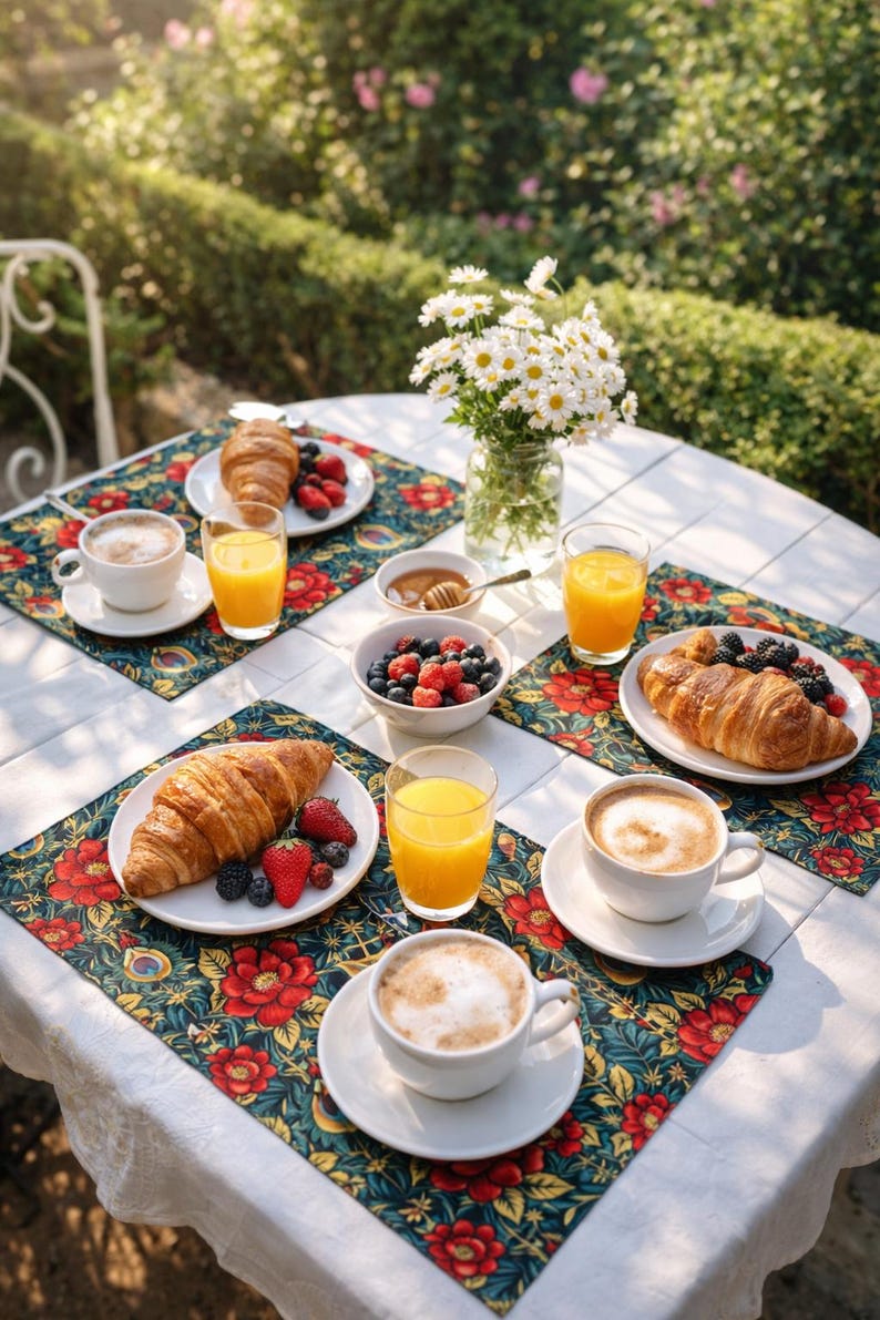 May include: A breakfast table set outdoors with croissants, berries, orange juice, and coffee. The table is covered with floral patterned placemats. A vase of white daisies sits in the center, with a garden in the background.