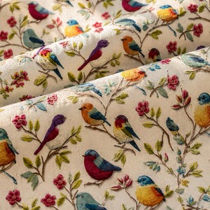 Fågelblommigt tyg som metervara, Vintage botaniskt möbeltyg, Cottagecore-tyg, digitaltryckt polyester