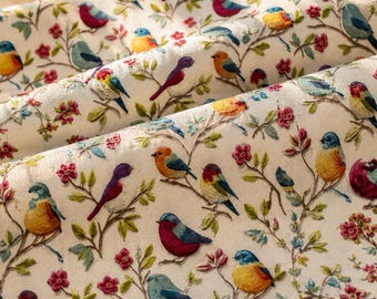 Bird Floral Fabric By The Yard, Vintage Botanical Upholstery Fabric, Cottagecore Fabric, Digital Print Polyester