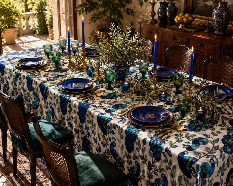 May include: A beautifully set dining table with a peacock-themed tablecloth, featuring blue and green accents. The table is adorned with blue plates, gold silverware, green glassware, and lit blue candles, creating an elegant ambiance.