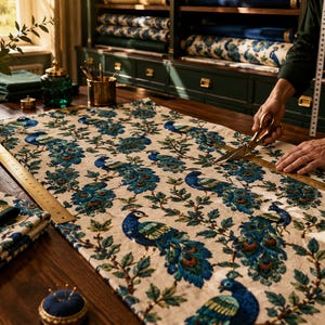 May include: A person cutting peacock-patterned fabric with scissors. The fabric features a cream background with blue and green peacock designs. A brass ruler and other sewing supplies are on the wooden table. Rolls of fabric are visible in the background.