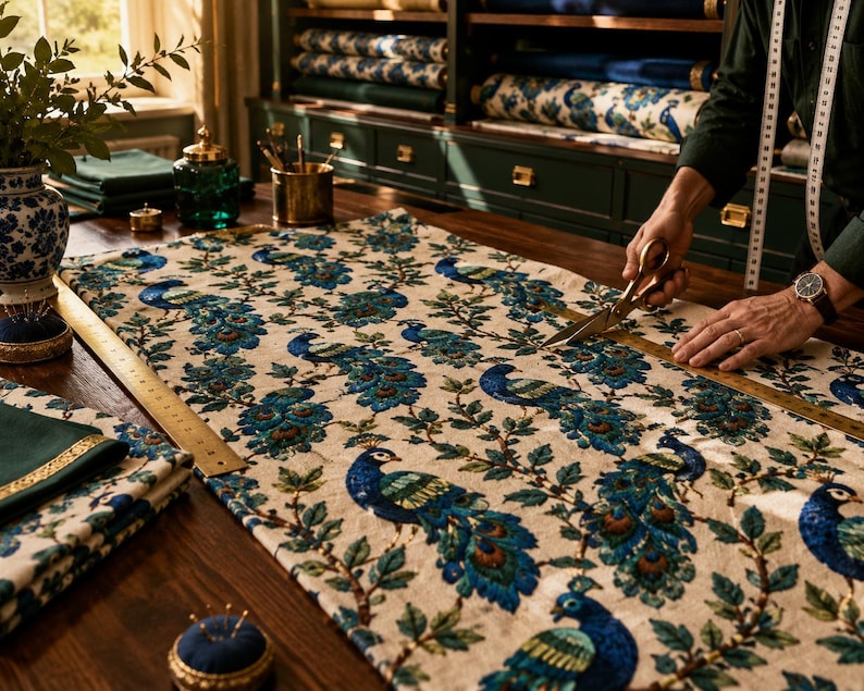 May include: A person cutting peacock-patterned fabric with scissors. The fabric features a cream background with blue and green peacock designs. A brass ruler and other sewing supplies are on the wooden table. Rolls of fabric are visible in the background.