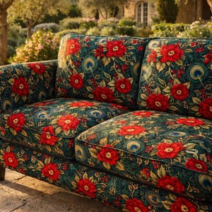 May include: A two-cushion sofa with a dark green floral pattern featuring large red roses and peacock feather accents. The sofa is outdoors, with a stone patio and a blurred background of trees and a building.