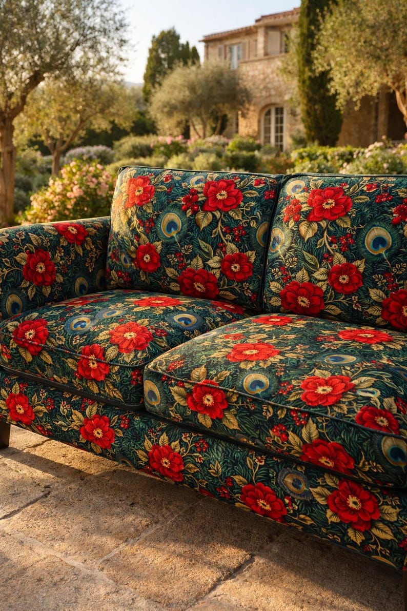 May include: A two-cushion sofa with a dark green floral pattern featuring large red roses and peacock feather accents. The sofa is outdoors, with a stone patio and a blurred background of trees and a building.