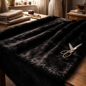 May include: A black faux fur fabric is draped across a wooden table. Gold scissors rest on the fabric. The scene is set in a well-lit room with a dress form and sewing supplies visible in the background.