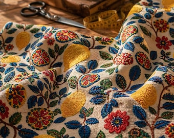 Lemon Upholstery Fabric by the Yard, Blue Leaf Summer Fabric, 3D Effect Digital Print Textile, Mediterranean Decor Fabric Durable PES Fabric