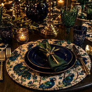 May include: Elegant table setting with peacock-themed placemats, featuring blue and gold accents. Includes blue plates, green napkins, gold cutlery, and crystal glassware. A candlelit ambiance enhances the sophisticated dining experience.