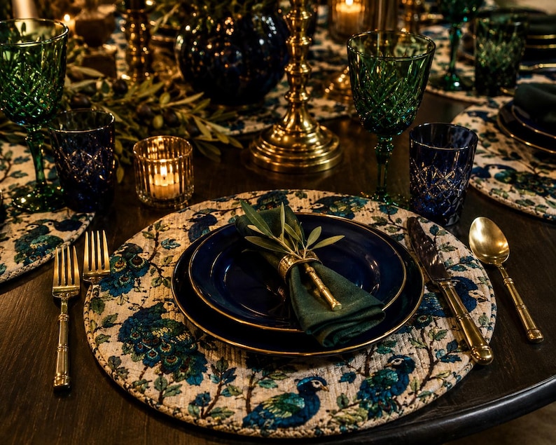 May include: Elegant table setting with peacock-themed placemats, featuring blue and gold accents. Includes blue plates, green napkins, gold cutlery, and crystal glassware. A candlelit ambiance enhances the sophisticated dining experience.