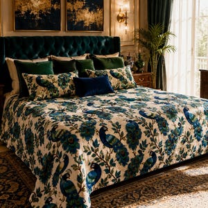 May include: A bed with a teal tufted headboard and a peacock-themed comforter and pillow set. The comforter features a cream background with blue and teal peacock and floral designs. The pillows are green, blue, and patterned. The room has a luxurious, elegant feel.