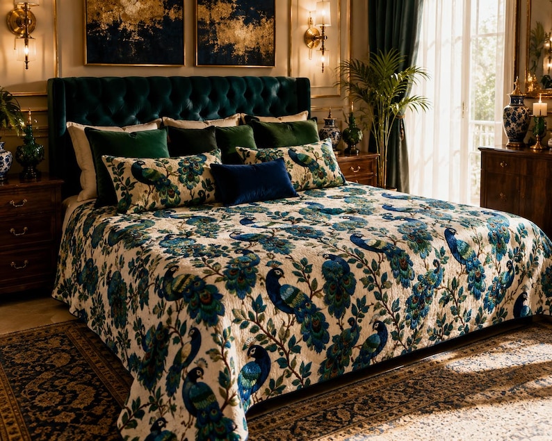 May include: A bed with a teal tufted headboard and a peacock-themed comforter and pillow set. The comforter features a cream background with blue and teal peacock and floral designs. The pillows are green, blue, and patterned. The room has a luxurious, elegant feel.