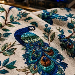 May include: Close-up of a beige fabric with a detailed peacock design. The peacock features vibrant blue, teal, and brown feathers, with green leaves and branches. The fabric has a textured appearance, suggesting a woven material.