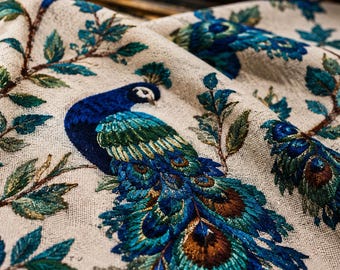 Peacock Fabric Upholstery Fabric Blue Bird Fabric Luxury Fabric Digital Print Fabric Curtain Tablecloth Fabric by Yard