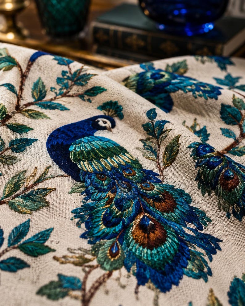 May include: Close-up of a beige fabric with a detailed peacock design. The peacock features vibrant blue, teal, and brown feathers, with green leaves and branches. The fabric has a textured appearance, suggesting a woven material.