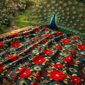 May include: A dark teal fabric with a floral pattern of red flowers, peacock feathers, and gold accents. The fabric is draped over a wooden table, with a peacock in the background.
