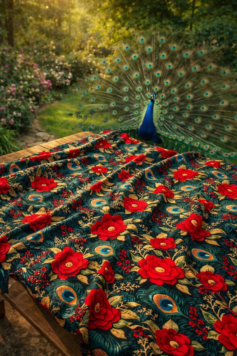May include: A dark teal fabric with a floral pattern of red flowers, peacock feathers, and gold accents. The fabric is draped over a wooden table, with a peacock in the background.