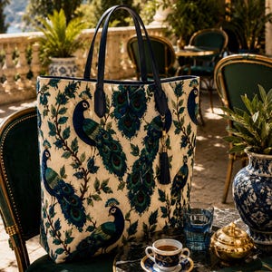 May include: A large tote bag with a peacock design. The bag features a cream-colored background with blue and green peacock illustrations and dark blue handles. A small tassel hangs from the handle. The bag is on a table with a cup of coffee.