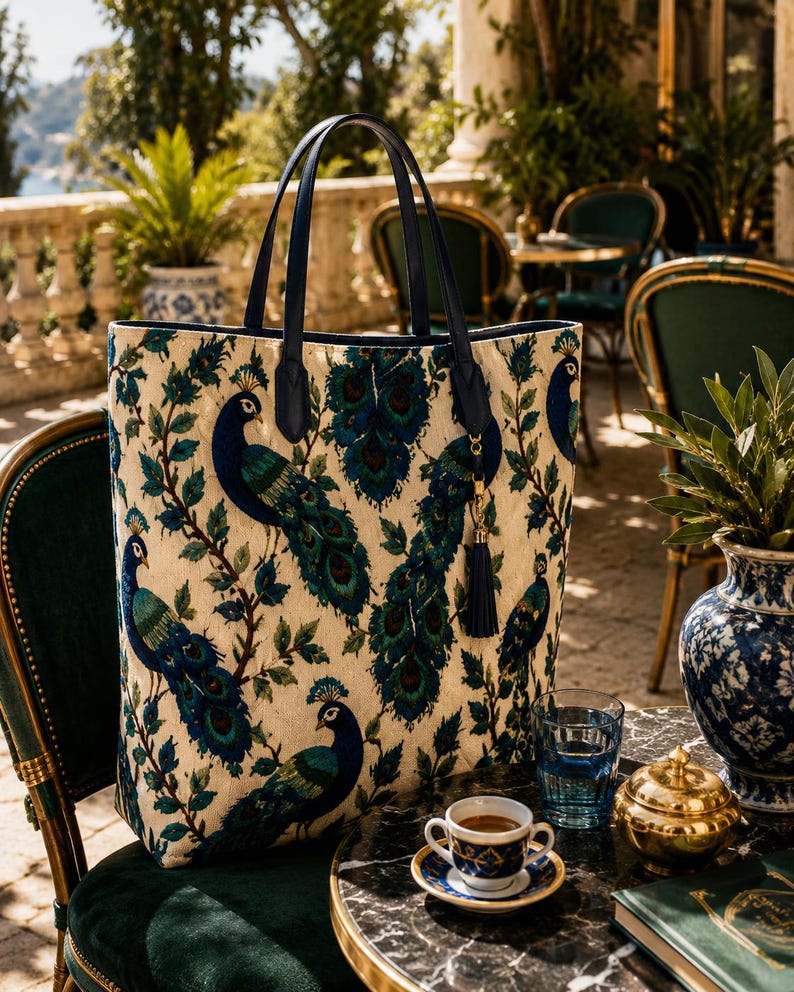 May include: A large tote bag with a peacock design. The bag features a cream-colored background with blue and green peacock illustrations and dark blue handles. A small tassel hangs from the handle. The bag is on a table with a cup of coffee.
