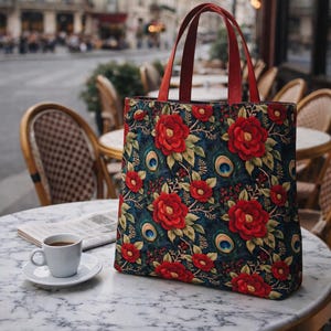 May include: A floral tote bag with red handles and a dark blue background. The bag features a pattern of red roses, green leaves, and peacock feather accents. A cup of coffee sits on a marble table.