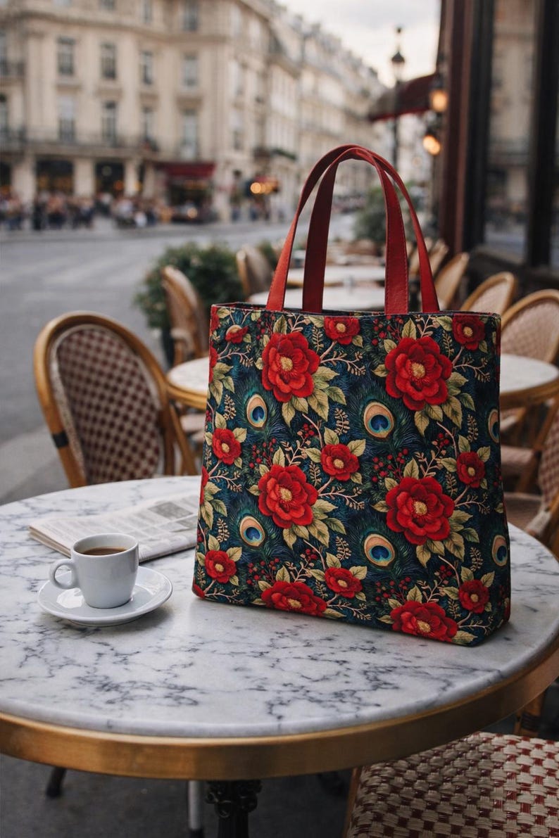 May include: A floral tote bag with red handles and a dark blue background. The bag features a pattern of red roses, green leaves, and peacock feather accents. A cup of coffee sits on a marble table.