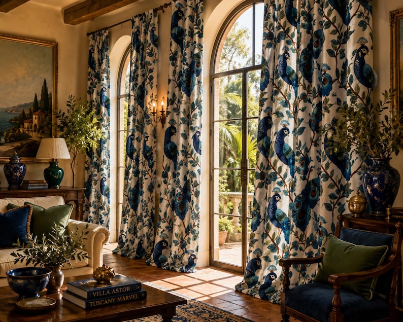 May include: Elegant, floor-length curtains with a peacock feather design in shades of blue and green. The curtains frame arched windows, creating a luxurious and inviting interior. The room features a sofa, armchair, and decorative vases.