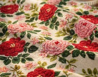 Rose Floral Fabric Vintage Style Red Pink Flower Upholstery Fabric Decorative Textile Curtain Tablecloth Fabric 143 cm