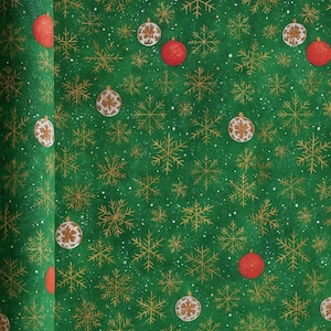 Christmas Fabric by Yard – 1.80m Width Green Holiday Fabric with Gold Snowflakes Ornament Print – Sewing, Tablecloth, Decor, Craft Material