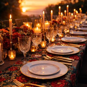 May include: A beautifully set table with white plates, gold cutlery, and crystal glassware. The table is adorned with a floral runner and lit by numerous candles, creating a warm and inviting ambiance. The sunset in the background adds to the romantic setting.