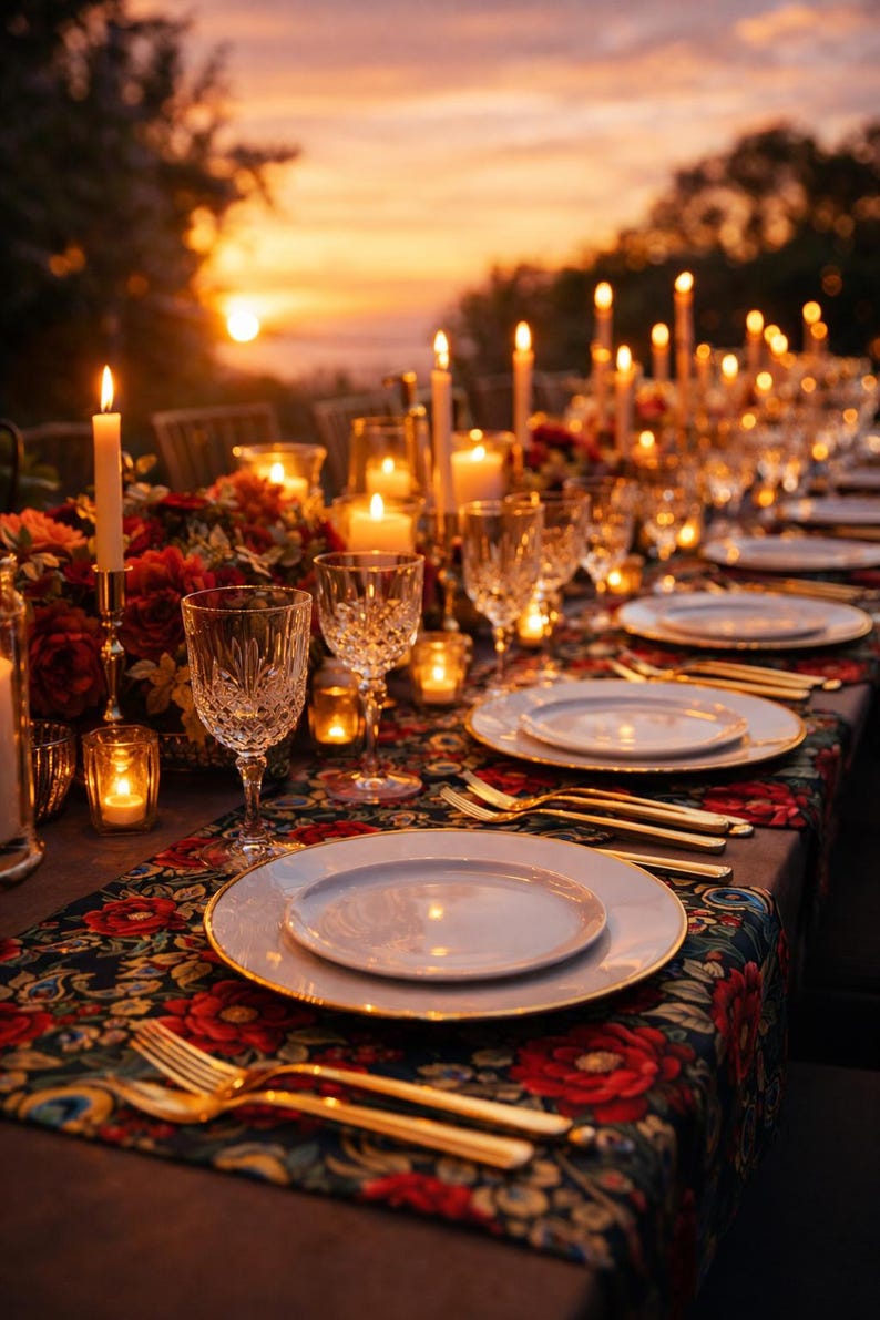 May include: A beautifully set table with white plates, gold cutlery, and crystal glassware. The table is adorned with a floral runner and lit by numerous candles, creating a warm and inviting ambiance. The sunset in the background adds to the romantic setting.