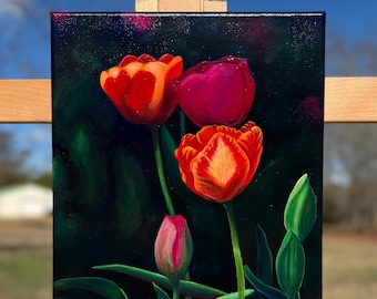 Original Tulip Painting on Canvas Acrylic Floral Wall Art Colorful Flower Artwork for Home Decor