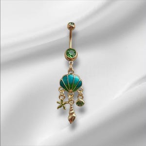 Piercing all'ombelico a forma di conchiglia con pendente in cristallo CZ in acciaio chirurgico color oro/verde - Piercing all'ombelico 14G - Gioielli per il corpo