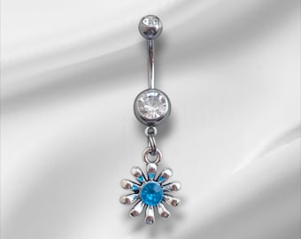 Silver Surgical Steel CZ Crystal Flower Dangle Navel Jewellery Bar - Hypoallergenic Belly Piercing 14G