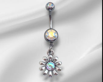 Silver/AB Surgical Steel CZ Crystal Iridescent Flower Dangle Navel Jewellery Bar - Hypoallergenic Belly Piercing 14G