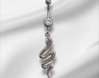 Silver Surgical Steel CZ Crystal Snake Dangle Navel Jewellery Bar - 14G Hypoallergenic Belly Ring.