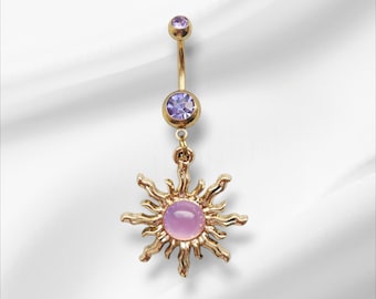 Piercing para ombligo estilo boho con colgante de sol, circonita cúbica y cristal de piedra lunar, color oro/lavanda - Hipoalergénico, 14 g