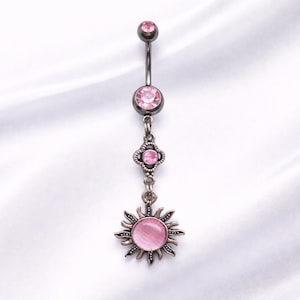 Silver/Pink Surgical Steel CZ Crystal Flower & Sun Dangle Boho Navel Jewellery Bar - 14G Belly Ring