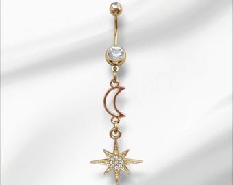 Goud Chirurgisch staal CZ Crystal Moon & Star Dangle Celestial Navel Jewellery Bar - hypoallergeen 14G-buikring