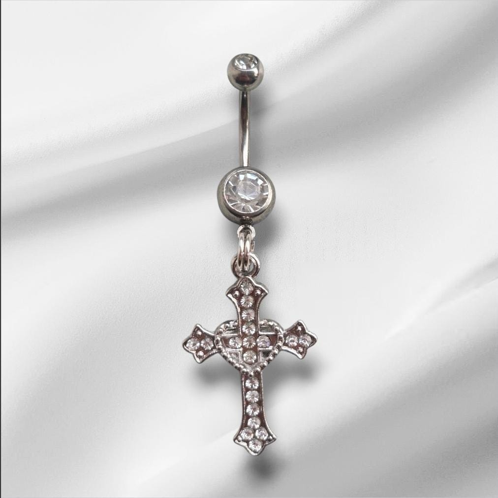Silver Heart/Cross Dangle Navel Bar - Cubic Zirconia Surgical Steel - Hypoallergenic 14G Belly Piercing