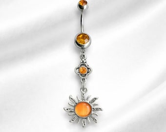 Piercing para ombligo estilo boho con colgante de flor y sol de cristal de circonita cúbica, de acero quirúrgico plateado/naranja - Hipoalergénico, calibre 14G