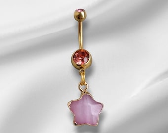 Gold & Pink Surgical Steel Rose Quartz Star Dangle Navel Bar - Hypoallergenic Belly Piercing 14G