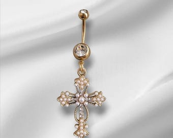 Piercing para ombligo con colgante de cruz de acero quirúrgico dorado, cristal de circonita cúbica y perla, estilo Y2K - Hipoalergénico, calibre 14G.