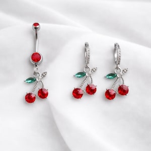 Silver/Red cherry Belly Ring and Earring Set – Silver Surgical Steel, CZ Crystal Dangle Y2K Navel Jewelry.