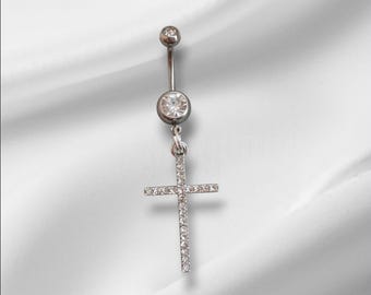 Silver Surgical Steel, CZ Crystal Cross Dangle Y2K Navel Jewellery Bar - 14G Hypoallergenic Belly Piercing