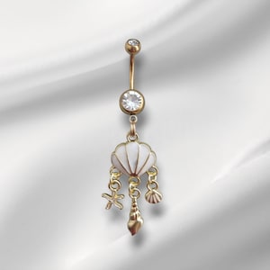 Guld/Vit Kirurgiskt Stål CZ Kristall Snäcka Dingla Ocean Navel Smyckesstång - 14G Navelpiercing Kroppssmycken