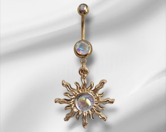 Gold/AB Surgical Steel Cubic Zirconia Crystal Irridescent Sun Dangle Boho Navel Jewellery Bar -  Hypoallergenic 14g Belly Ring