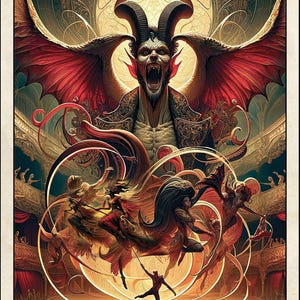 May include: Tarot card illustration featuring a demonic figure with large wings and horns, set against a theatrical backdrop. The card is labeled "The Devil" at the bottom, with the Roman numeral XV at the top. The artwork uses a rich color palette.