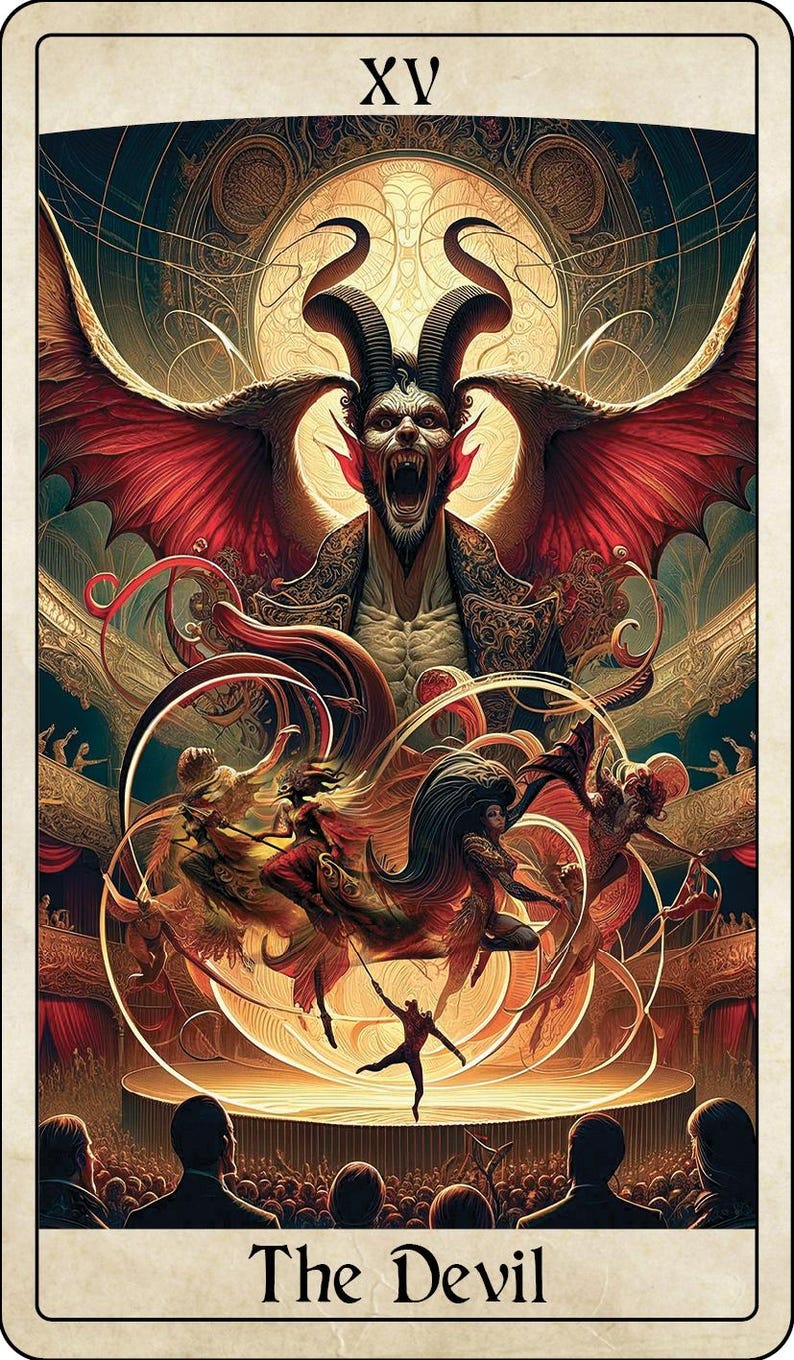 May include: Tarot card illustration featuring a demonic figure with large wings and horns, set against a theatrical backdrop. The card is labeled "The Devil" at the bottom, with the Roman numeral XV at the top. The artwork uses a rich color palette.
