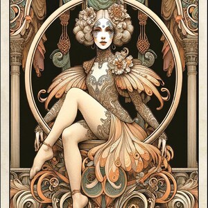 May include: Tarot card illustration of The High Priestess. The card features a woman in an ornate gown seated within a decorative arch. The color palette includes gold, peach, and teal. The card is labeled with the Roman numeral II and the title "The High Priestess."